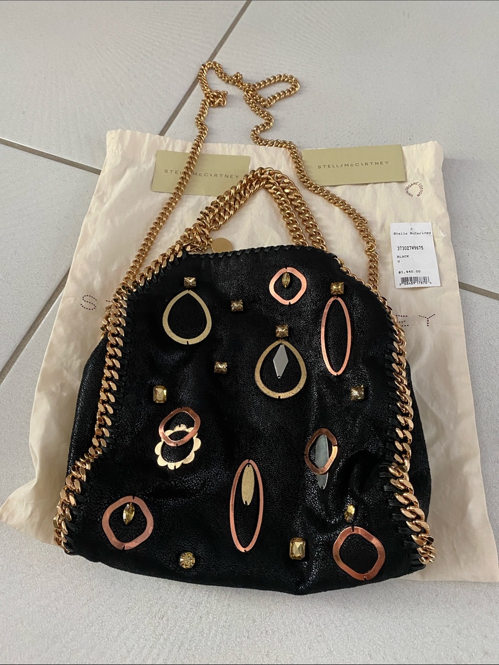 Stella McCartney Black Embellished Falabella Shoulder Bag with Gold Chain LE